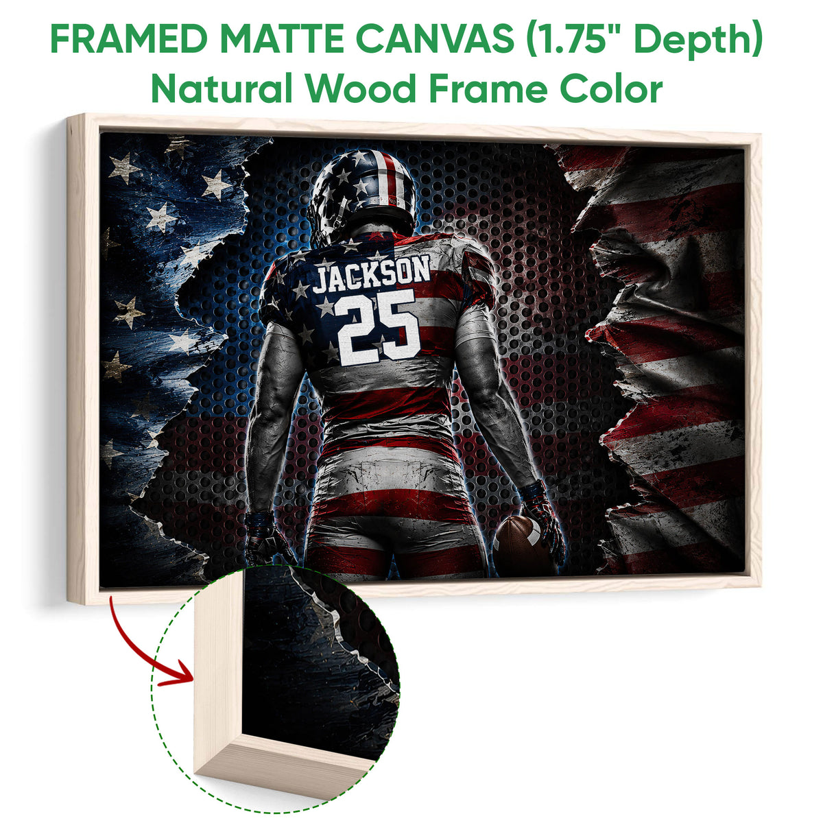 Natural wood framed football canvas wall art with a close-up view of the frame and artwork