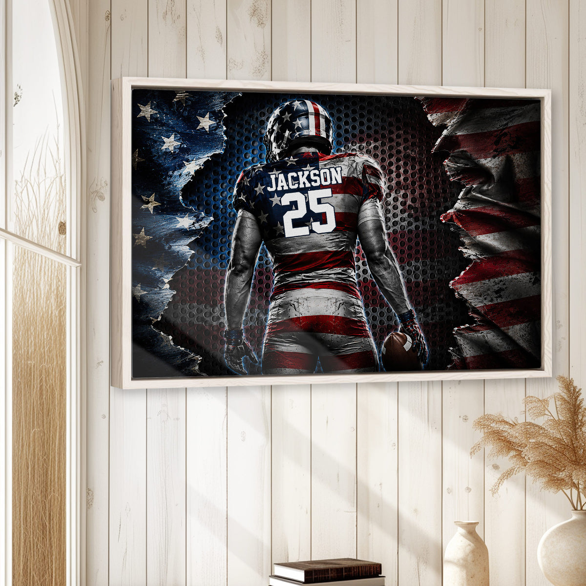 Football wall art displayed in a bright room with white wood paneling and a natural wood frame