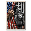 Framed football wall art featuring a player, football, American flag design, and red, white, and blue colors