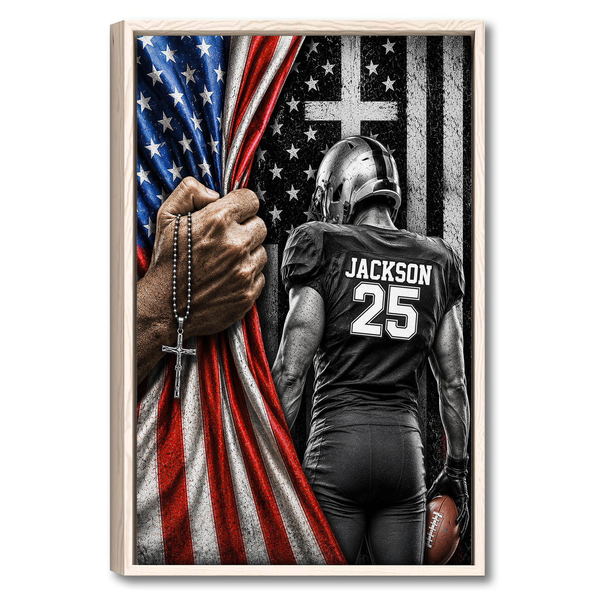 Framed football wall art featuring a player, football, American flag design, and red, white, and blue colors