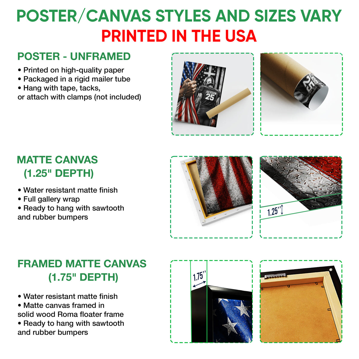 Poster and canvas wall art option guide showing unframed poster, matte canvas, and framed canvas formats