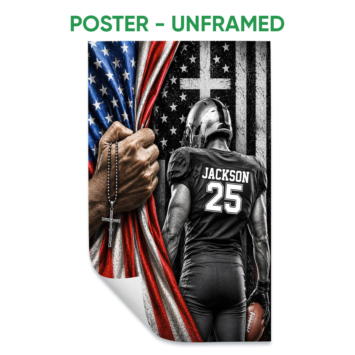 Unframed football poster featuring a helmeted player holding a football against an American flag background