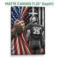 Matte canvas football wall art featuring a helmeted player, football, stars, and distressed flag colors