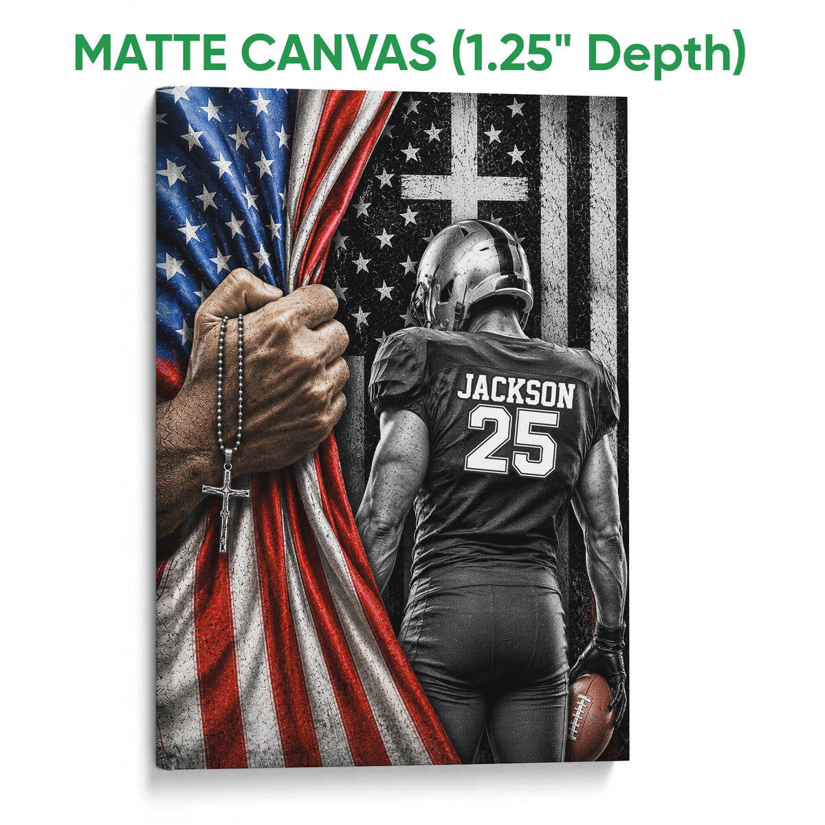 Matte canvas football wall art featuring a helmeted player, football, stars, and distressed flag colors