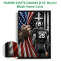 Black framed canvas football wall art with a helmeted player, football, and patriotic red, white, and blue design