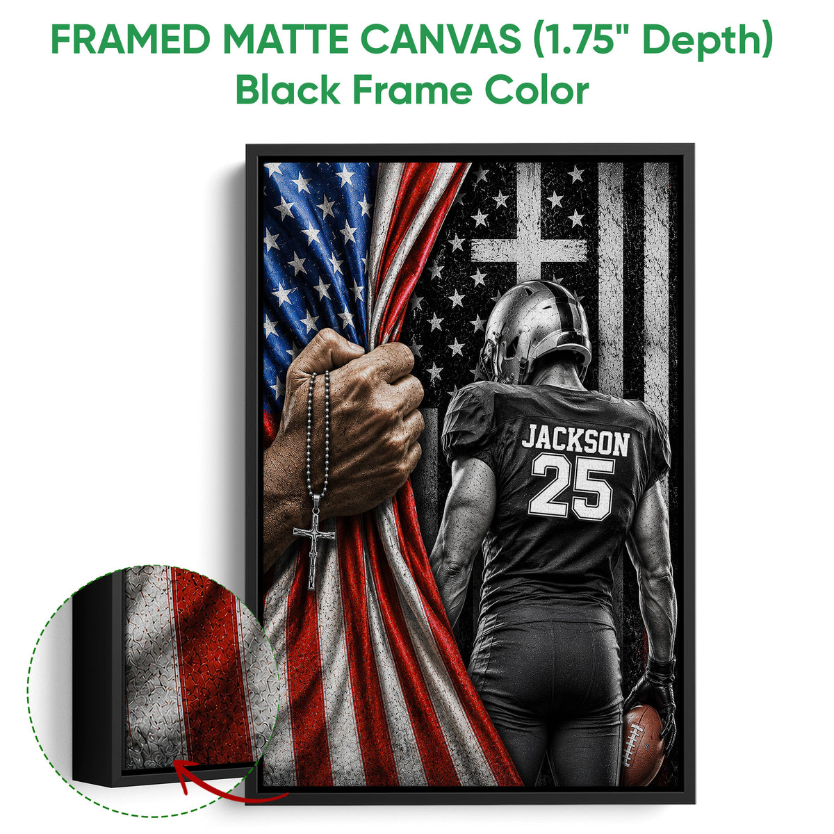 Black framed canvas football wall art with a helmeted player, football, and patriotic red, white, and blue design