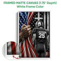 White framed canvas football wall art featuring a helmeted player and textured American flag background