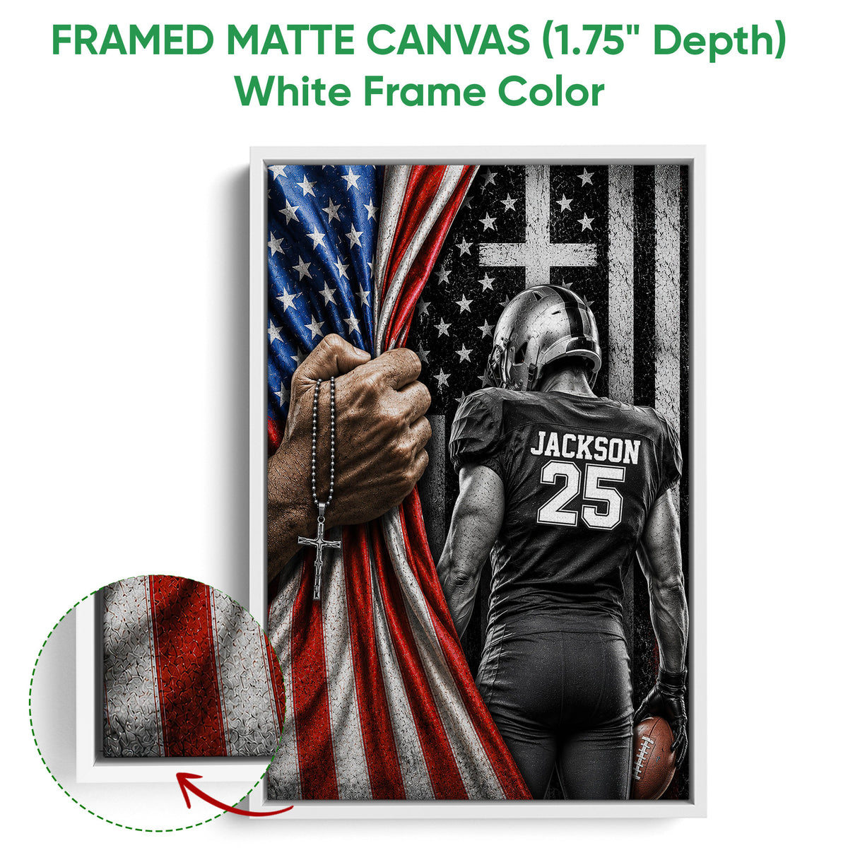 White framed canvas football wall art featuring a helmeted player and textured American flag background