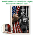 Natural wood framed football wall art featuring a player, football, cross, and American flag design
