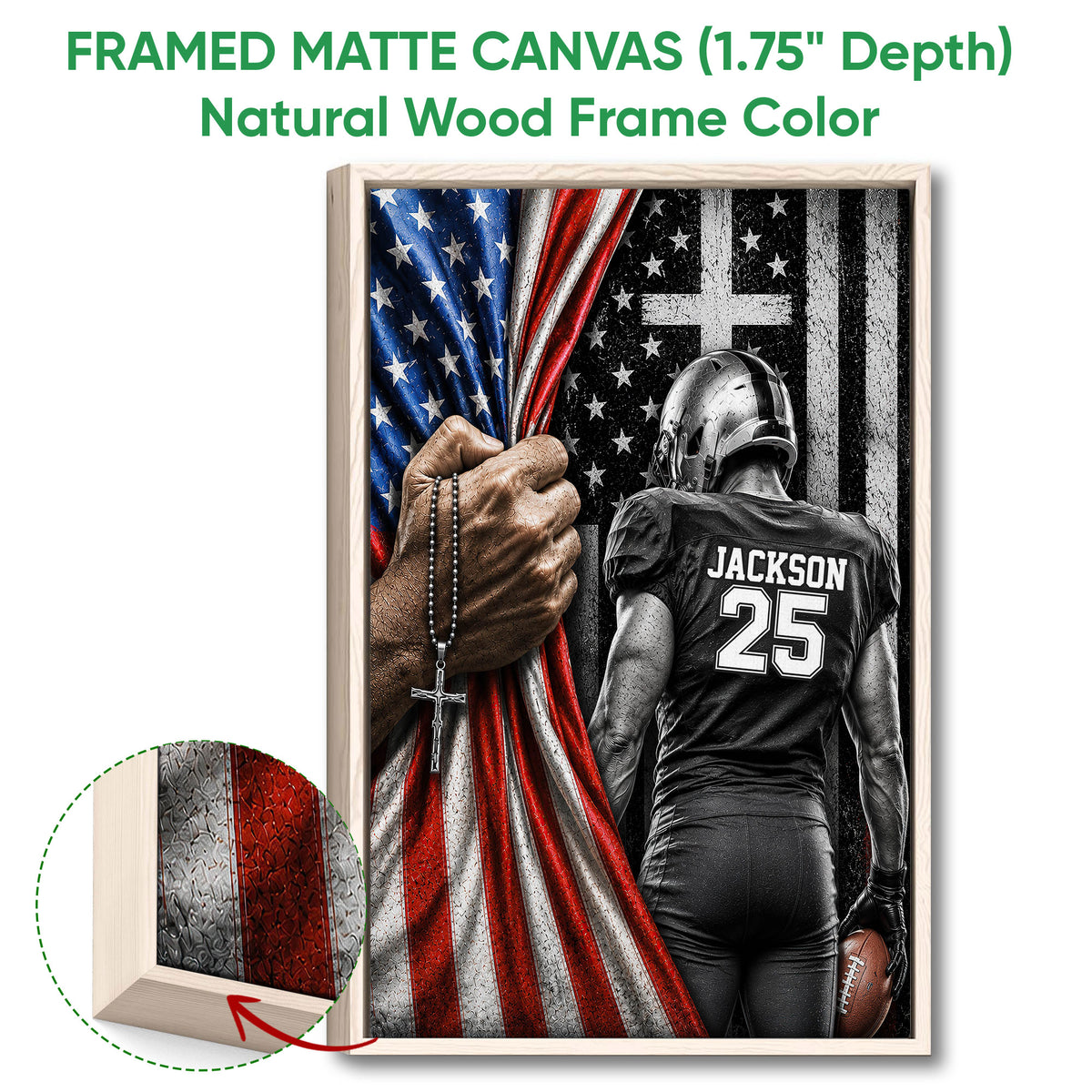 Natural wood framed football wall art featuring a player, football, cross, and American flag design