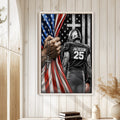 Football wall art displayed on a light wood-paneled wall in a warm home decor setting