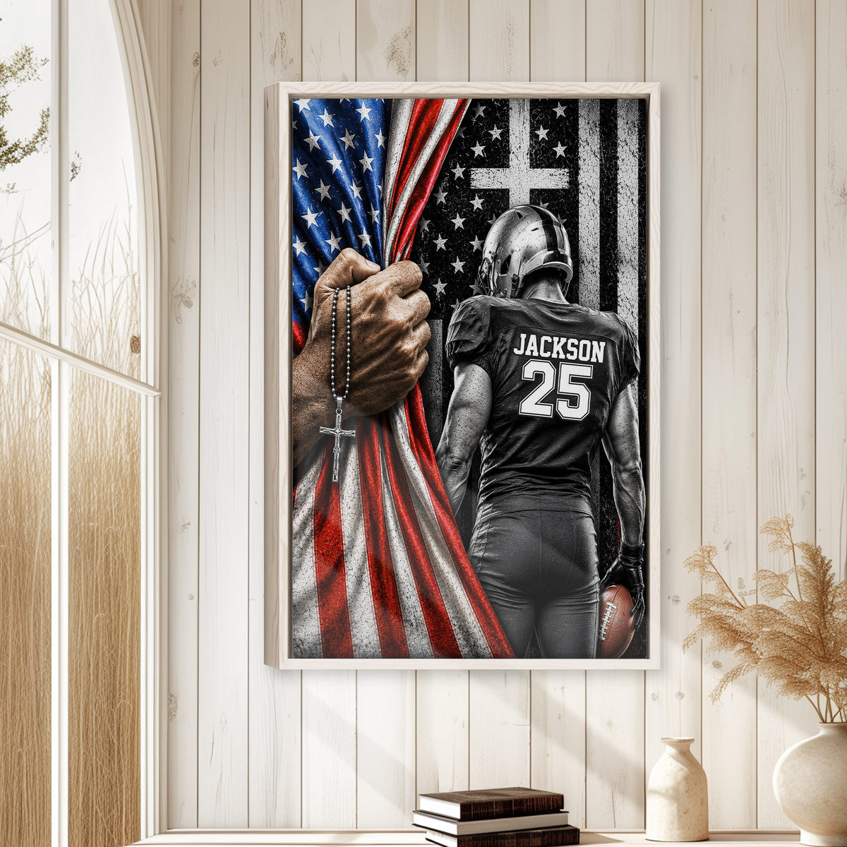 Football wall art displayed on a light wood-paneled wall in a warm home decor setting
