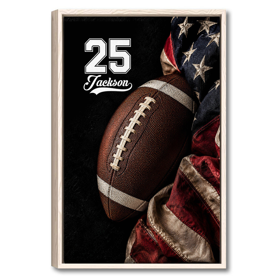 Framed football wall art featuring a close-up football with red, blue, and star-patterned fabric