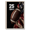 Framed football wall art featuring a close-up football with red, blue, and star-patterned fabric