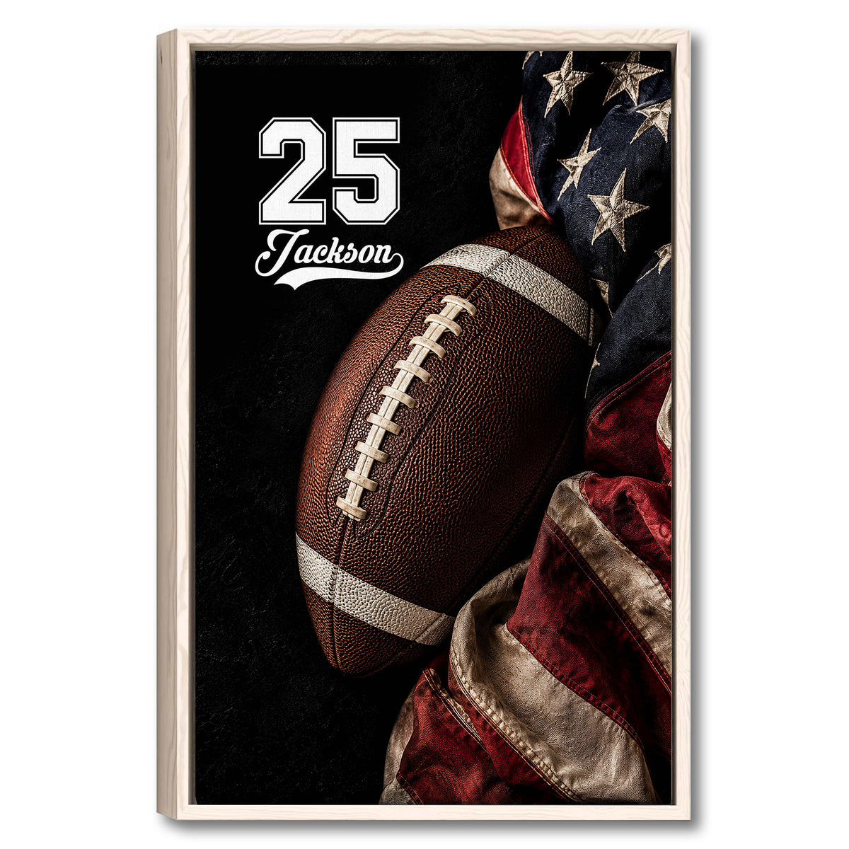 Framed football wall art featuring a close-up football with red, blue, and star-patterned fabric