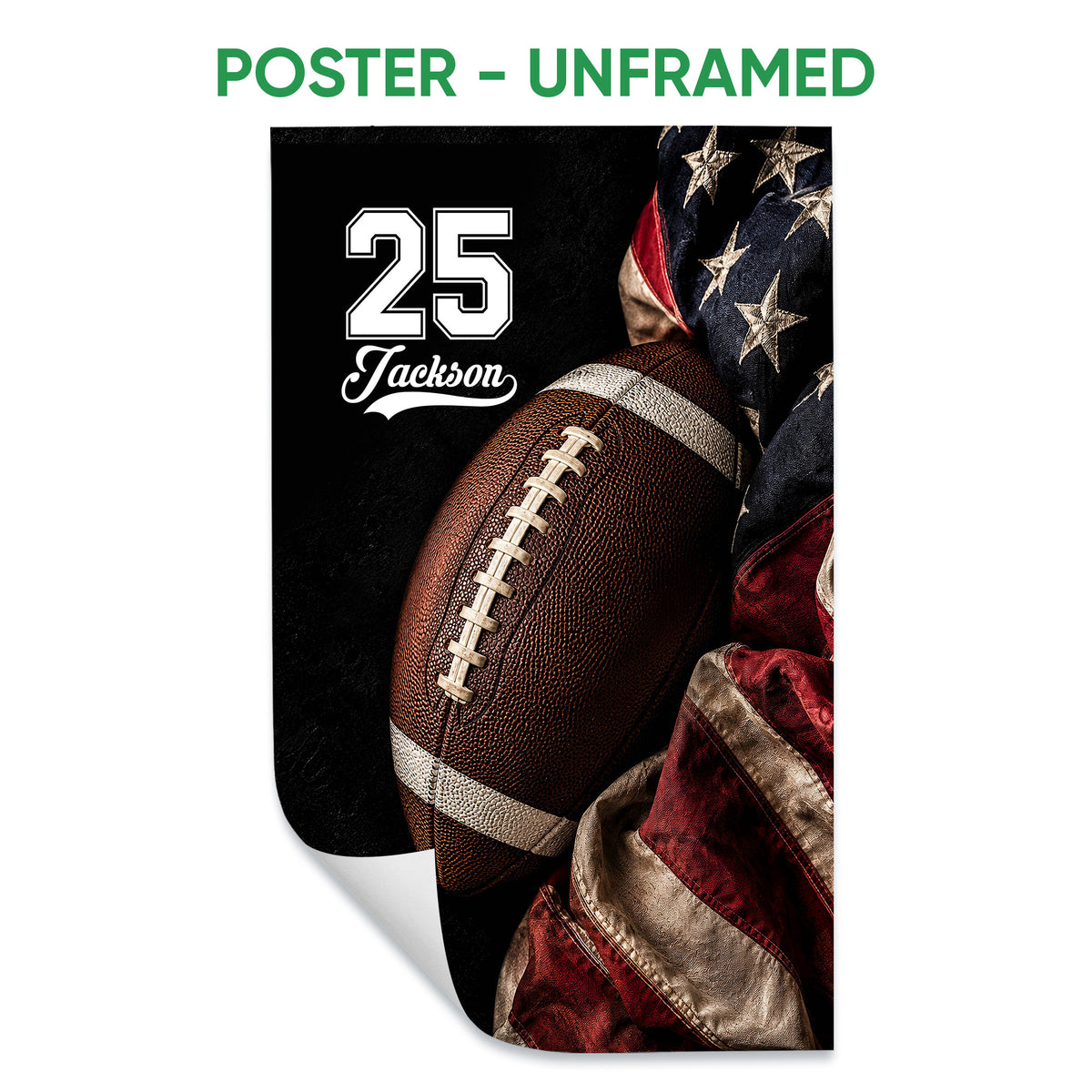 Unframed football poster featuring a close-up textured football against dark fabric