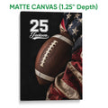 Matte canvas football wall art showing a close-up football design with dark, red, and blue tones