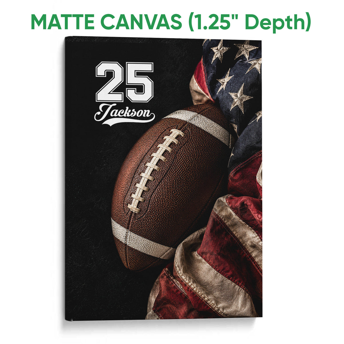 Matte canvas football wall art showing a close-up football design with dark, red, and blue tones