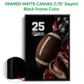 Black framed football canvas wall art with a close-up football and bold dark sports styling