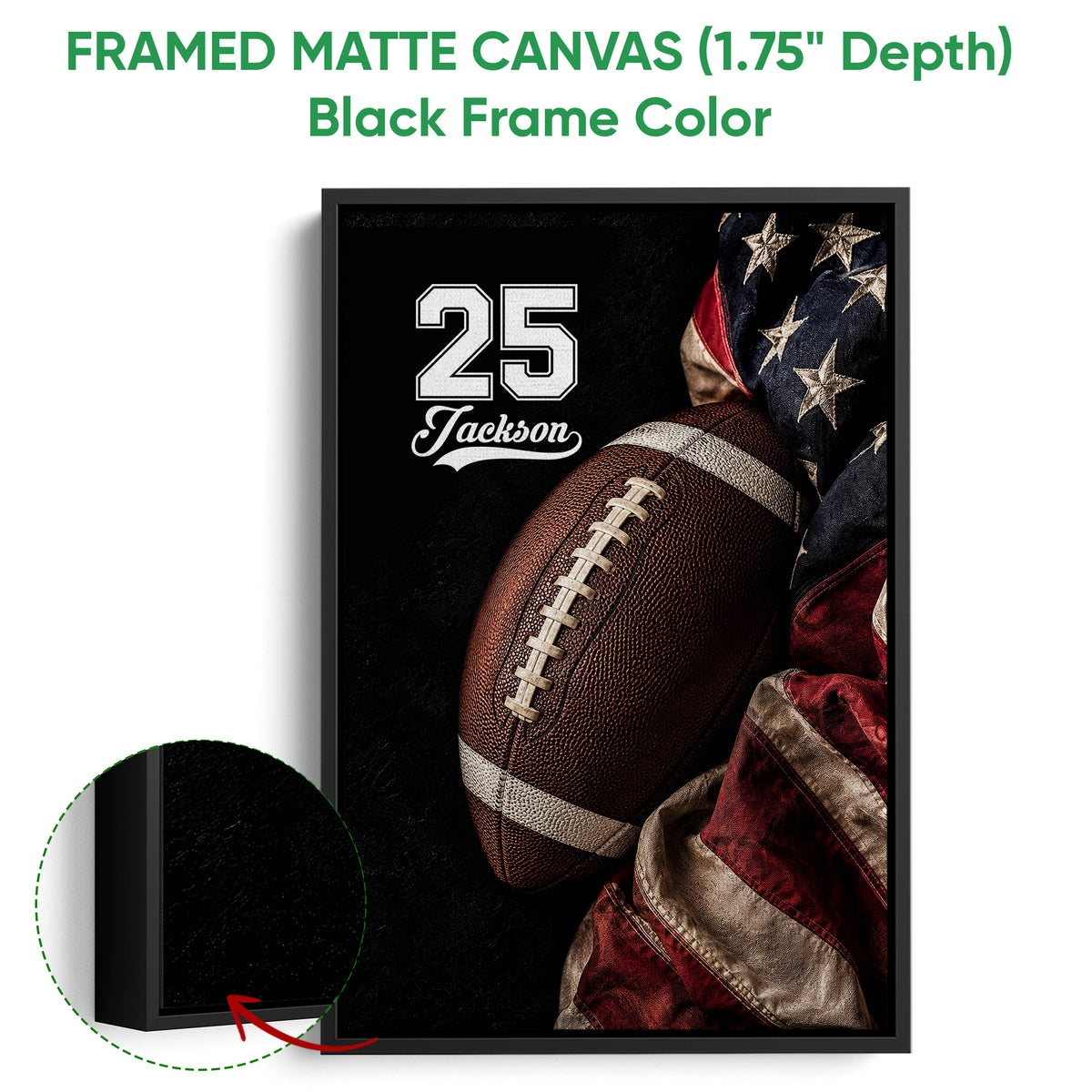 Black framed football canvas wall art with a close-up football and bold dark sports styling