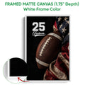 White framed football canvas wall art featuring a close-up football and red and blue accents