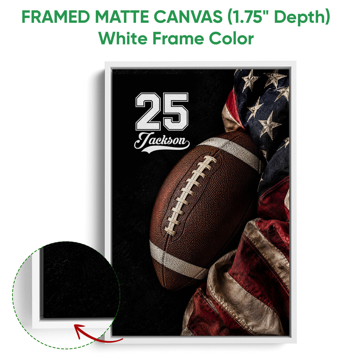 White framed football canvas wall art featuring a close-up football and red and blue accents