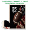 Natural wood framed football wall art with a close-up football and patriotic-inspired fabric colors