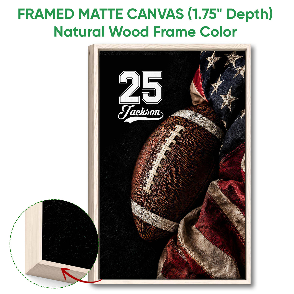 Natural wood framed football wall art with a close-up football and patriotic-inspired fabric colors