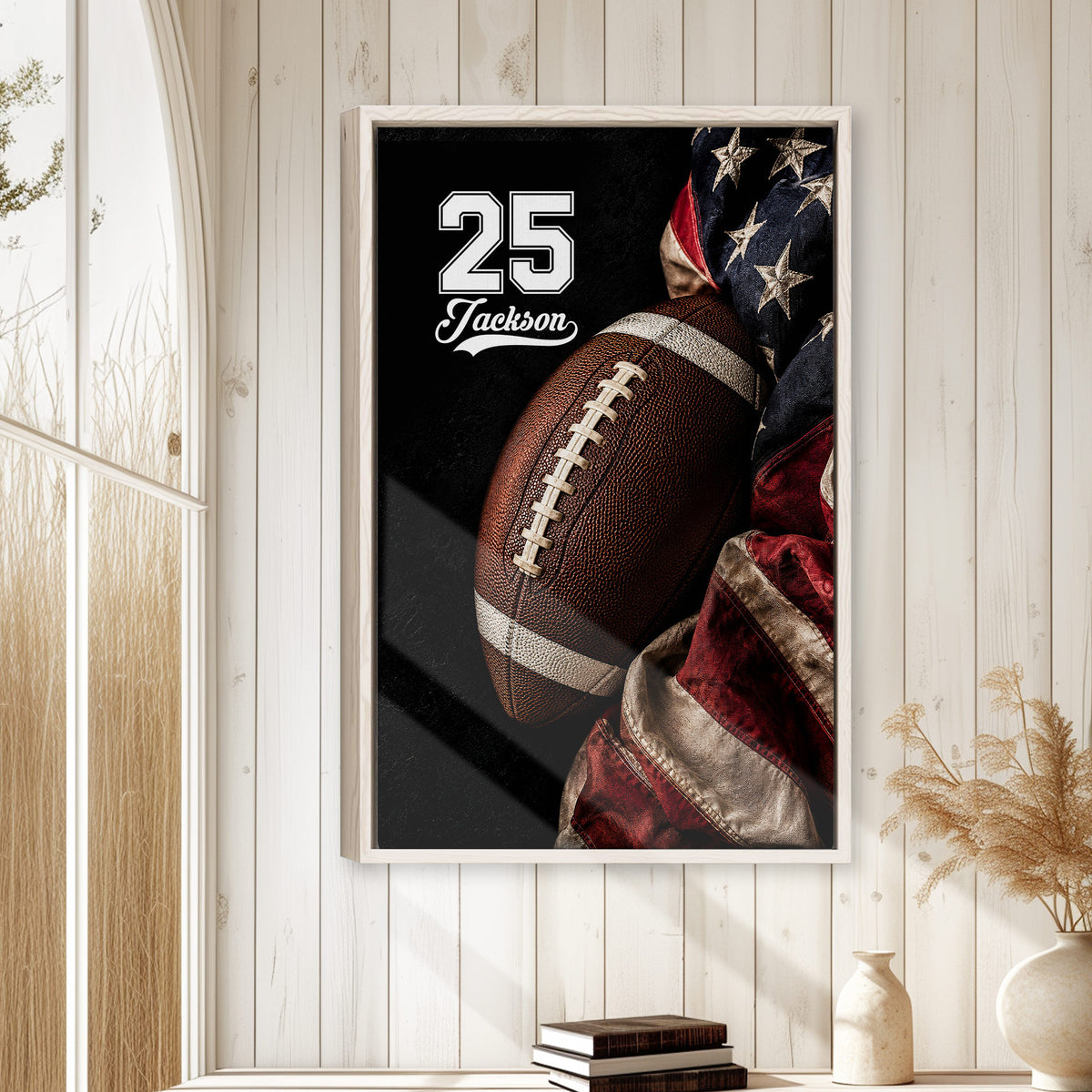 Football wall art displayed on a light wood-paneled wall in a cozy home setting