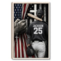 Framed baseball wall art with a player holding a bat against patriotic red, white and blue imagery