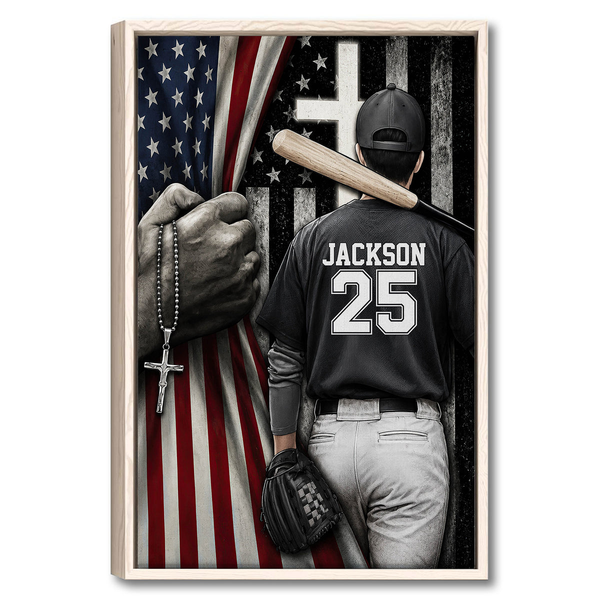 Framed baseball wall art with a player holding a bat against patriotic red, white and blue imagery
