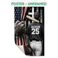 Unframed baseball poster featuring a player with bat and glove against a dramatic American flag design
