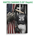 Matte canvas baseball wall art featuring a player, bat, glove and patriotic flag background