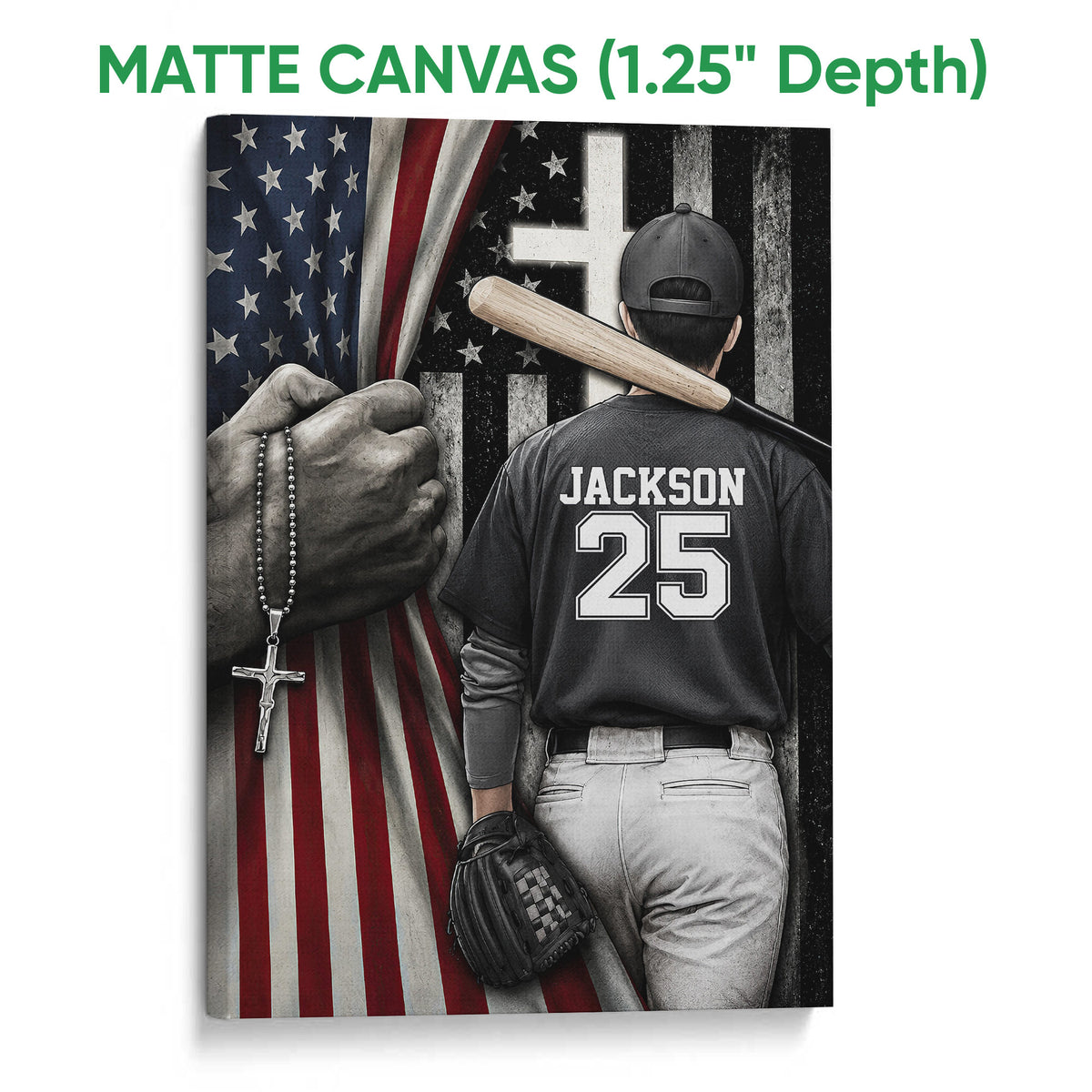 Matte canvas baseball wall art featuring a player, bat, glove and patriotic flag background