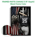 Black framed canvas baseball wall art with close-up detail of the artwork and canvas edge