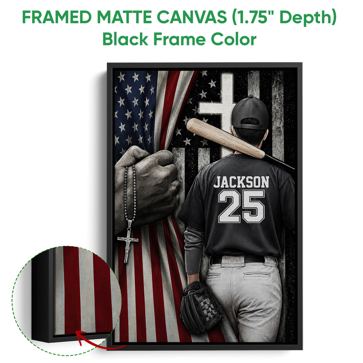 Black framed canvas baseball wall art with close-up detail of the artwork and canvas edge