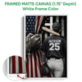White framed canvas baseball wall art showing the player design and close-up canvas edge