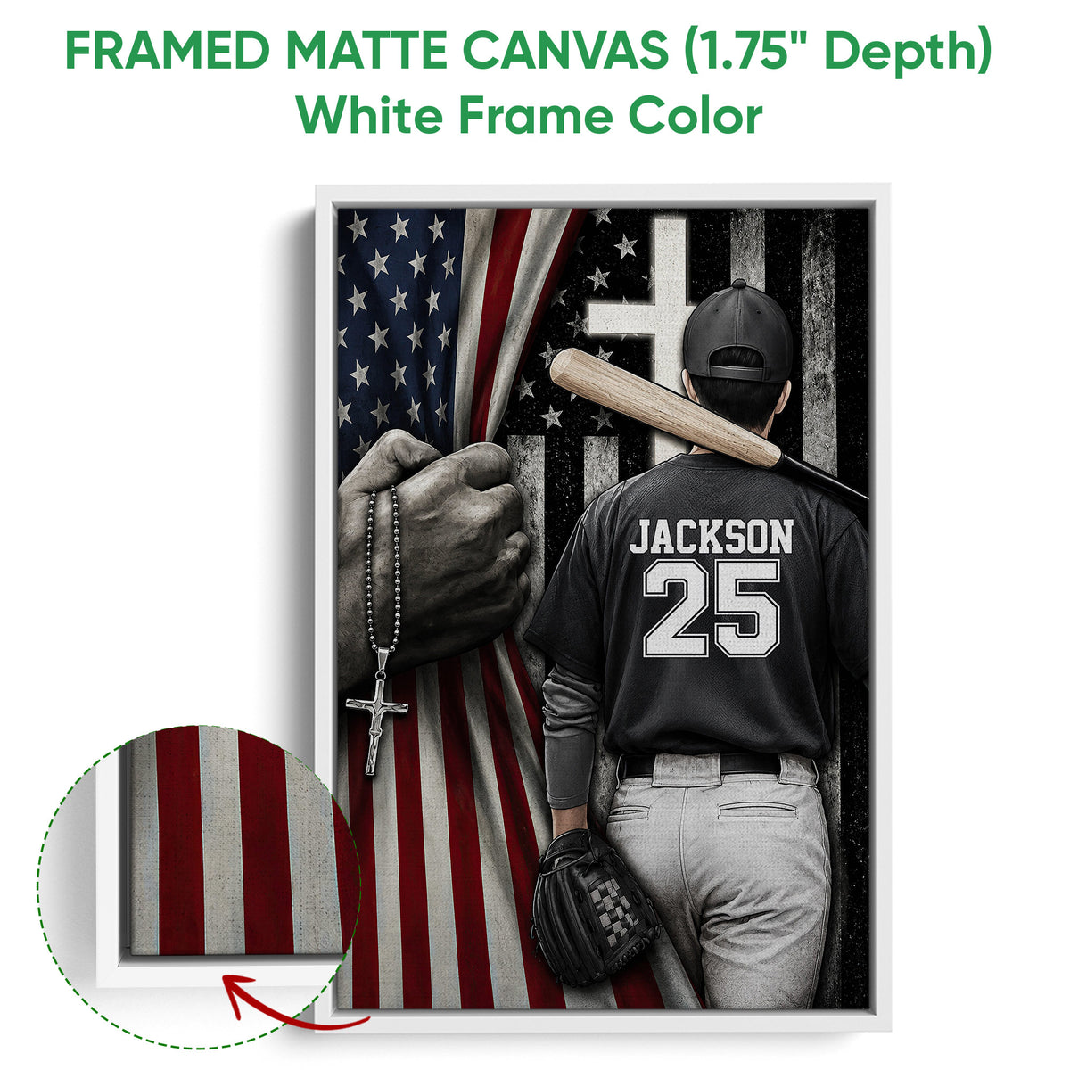 White framed canvas baseball wall art showing the player design and close-up canvas edge