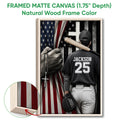 Natural wood framed baseball wall art with close-up detail of the wood frame and patriotic artwork