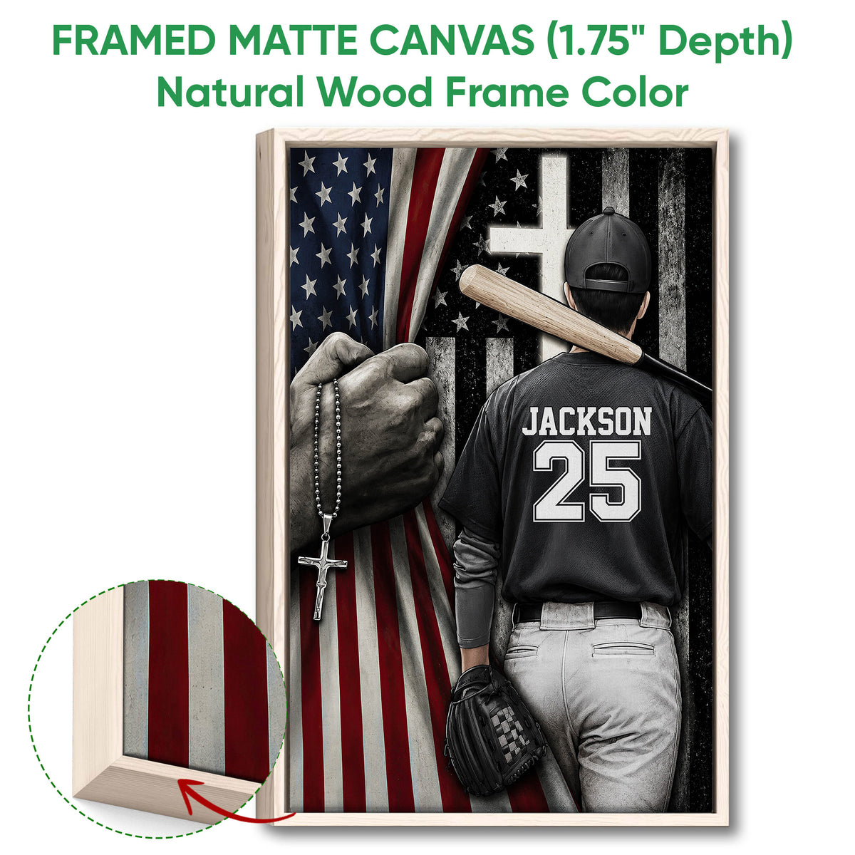 Natural wood framed baseball wall art with close-up detail of the wood frame and patriotic artwork