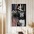 Framed baseball wall art displayed on a bright white paneled wall in a home interior