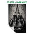 Unframed boxing poster featuring hanging black boxing gloves against a textured monochrome background