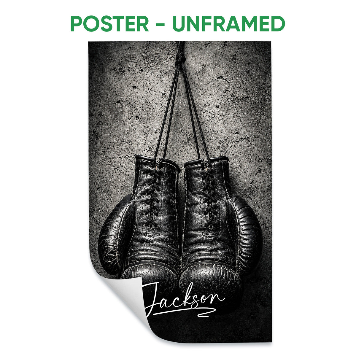 Unframed boxing poster featuring hanging black boxing gloves against a textured monochrome background