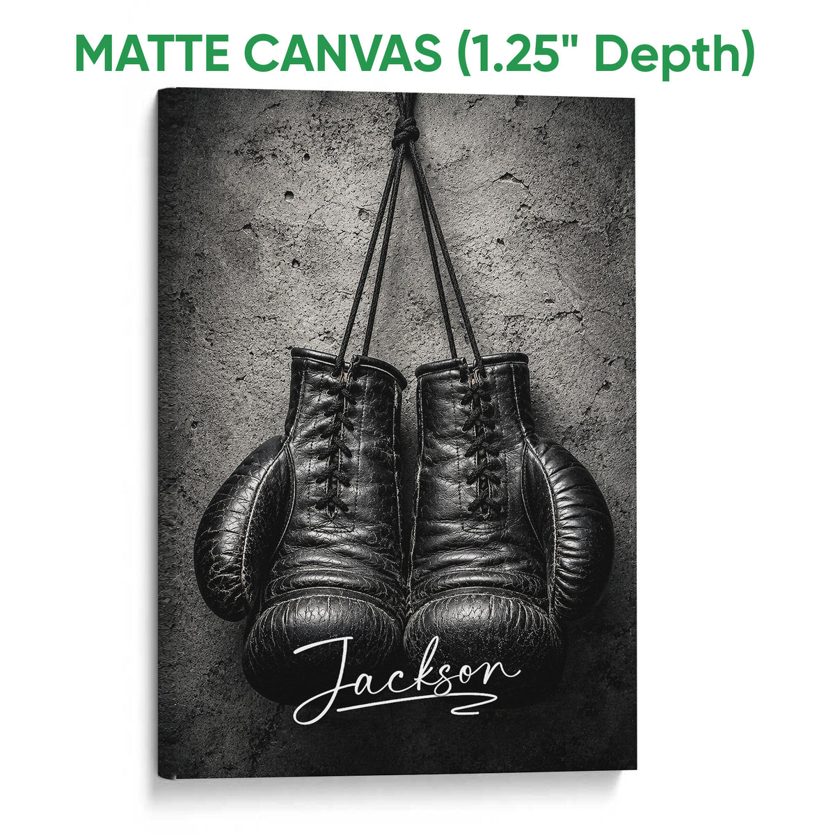 Matte canvas boxing wall art featuring black gloves and a textured gray background