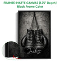 Framed matte canvas boxing wall art shown with a black frame and close-up edge detail