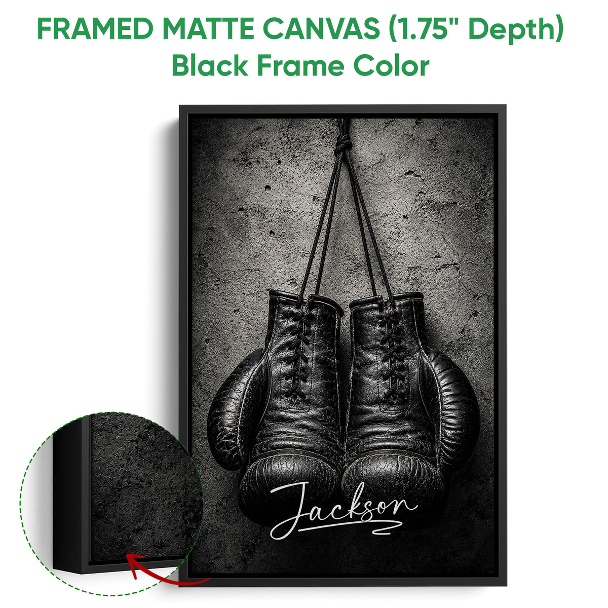 Framed matte canvas boxing wall art shown with a black frame and close-up edge detail