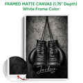 Framed matte canvas boxing wall art shown with a white frame and close-up edge detail