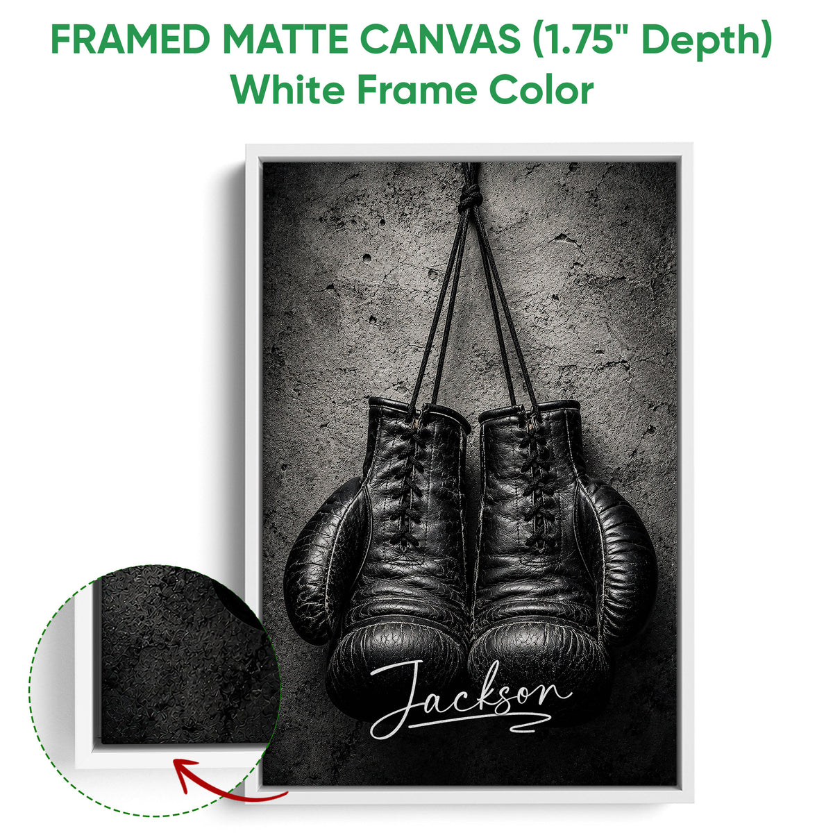 Framed matte canvas boxing wall art shown with a white frame and close-up edge detail
