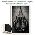 Framed matte canvas boxing wall art shown with a natural wood frame and close-up edge detail