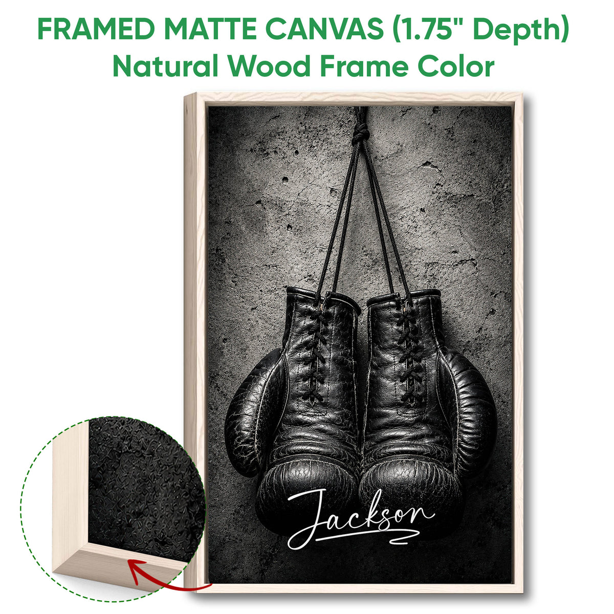 Framed matte canvas boxing wall art shown with a natural wood frame and close-up edge detail